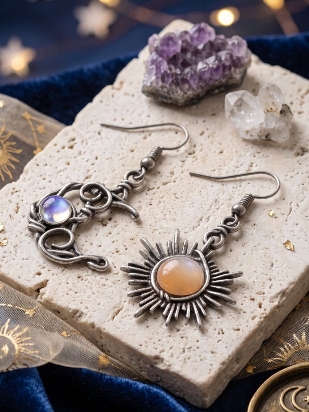 Silver Plated Sun Moon Celestial Wire Wrapped Asymmetrical Boho Dangles 2"
